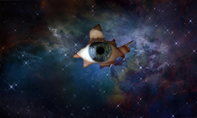 Eyeball looking through galaxy; galaxy brain meme.